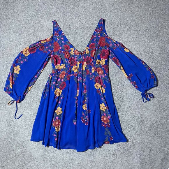 Free People Penny Lover Cold Shoulder Mini Dress Cobalt Combo Women's Medium - Picture 1 of 5